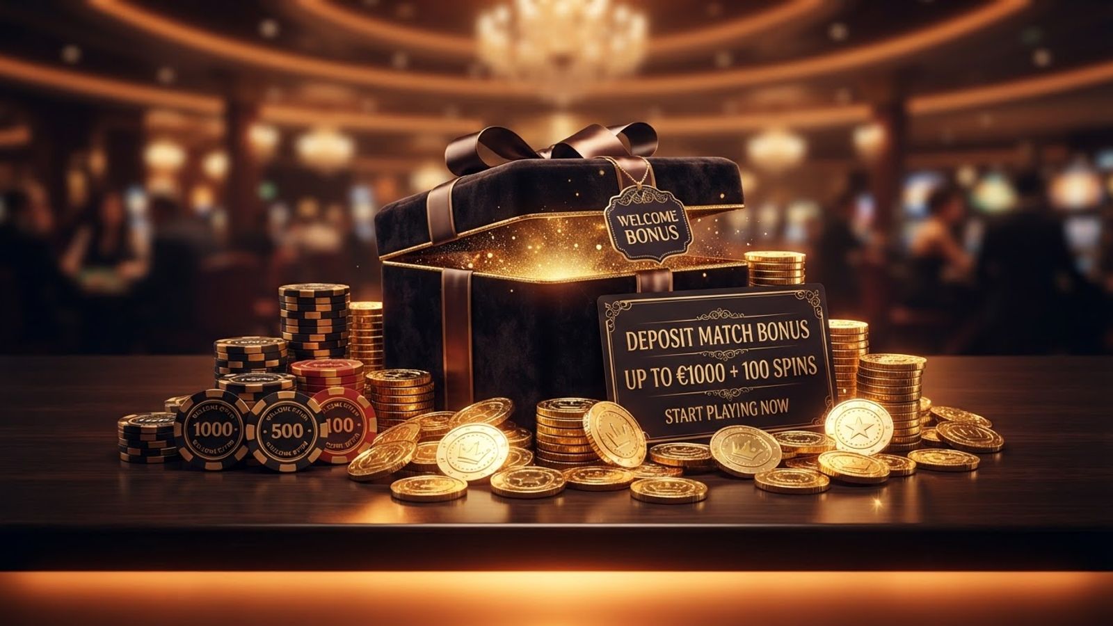 Bonus de bienvenue avec pièces dorées et jetons de casino