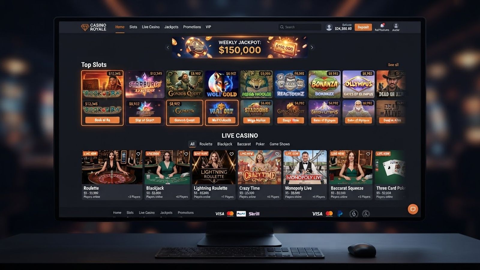 Lobby de casino en ligne avec grille de jeux et section live