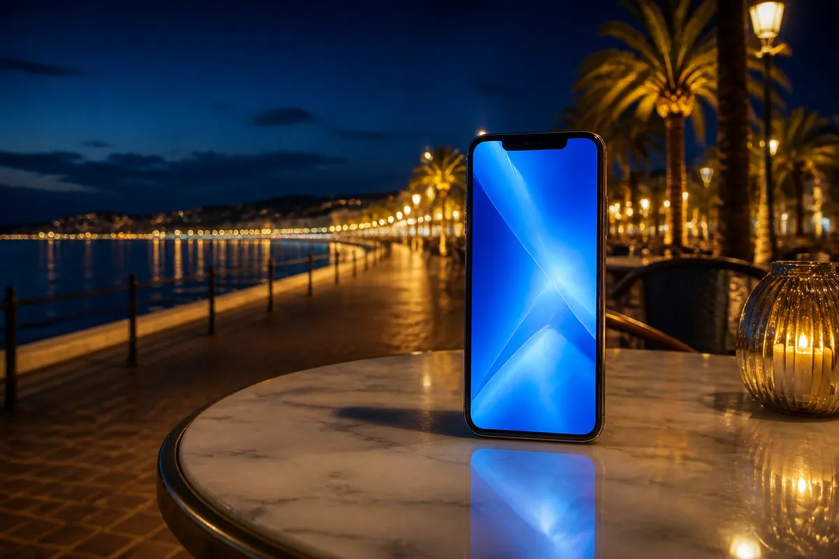 Smartphone posé sur une table de café en marbre, face à une promenade de bord de mer illuminée la nuit