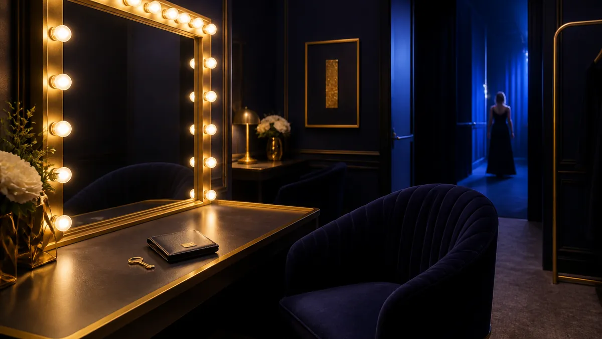 Loge élégante avec miroir entouré d'ampoules, fauteuil bleu nuit, clé dorée et porte-cartes sur la coiffeuse