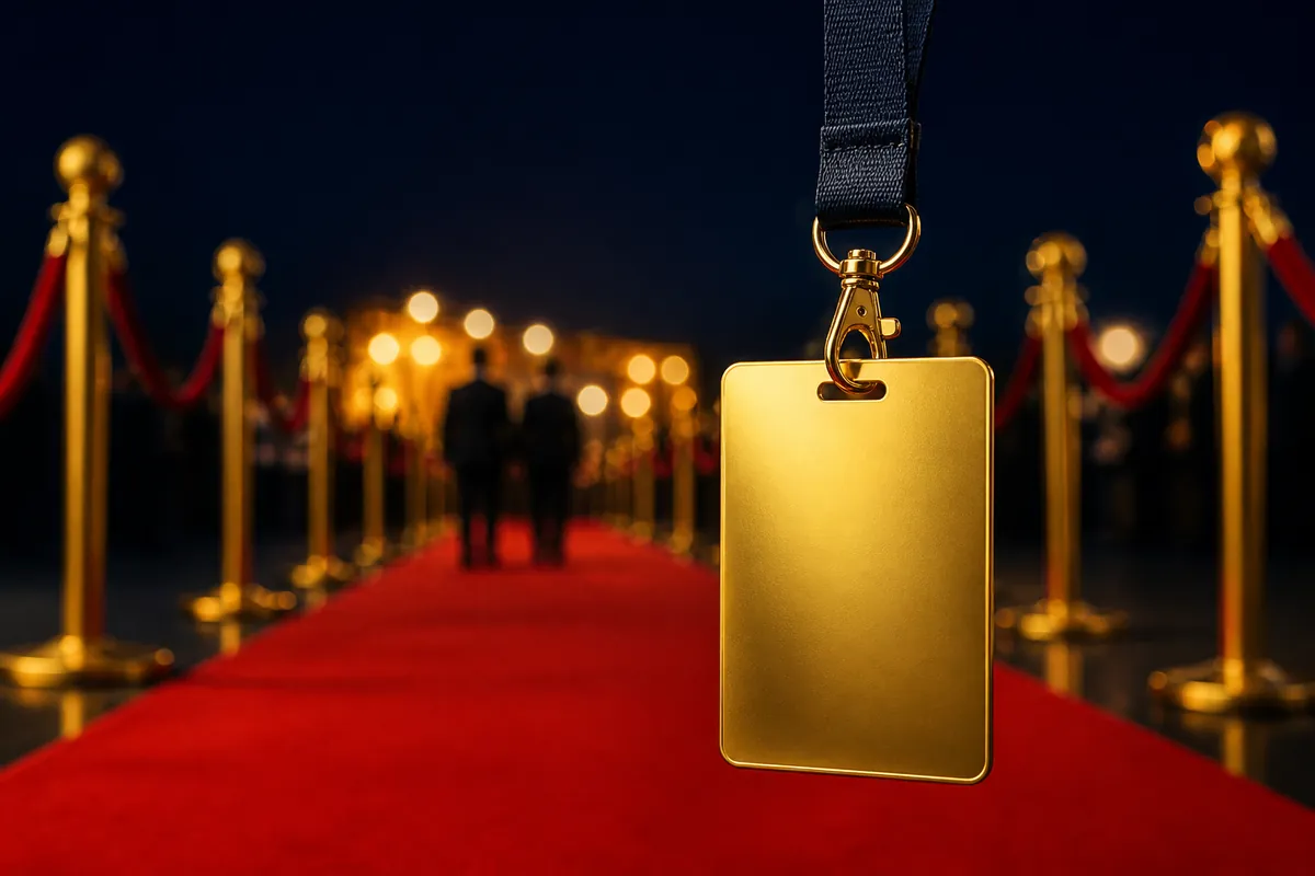 Badge d'accès doré suspendu à un cordon bleu nuit devant un tapis rouge et des poteaux dorés