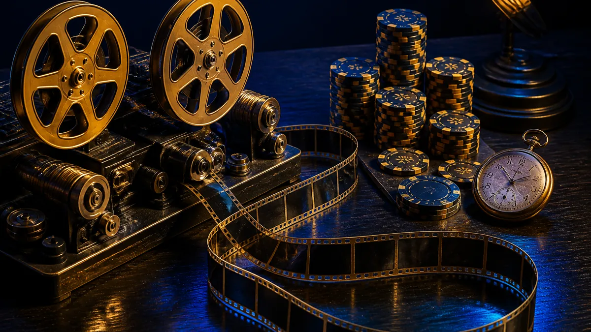 Table de montage avec bobines de film dorées, pellicule déroulée, piles de jetons et chronomètre