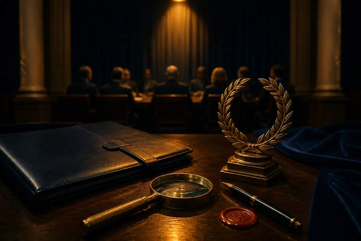 Table de délibération d'un jury avec dossier en cuir, loupe, trophée de laurier doré, stylo et sceau de cire