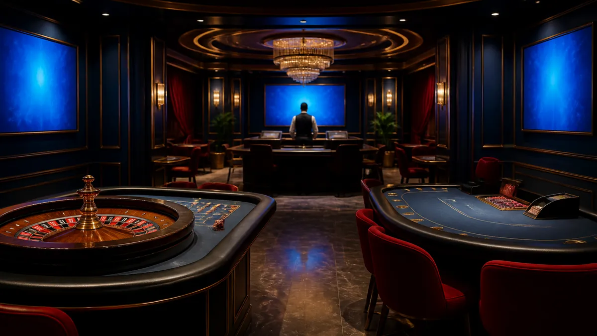 Studio de casino en direct avec table de roulette et table de blackjack sous les projecteurs