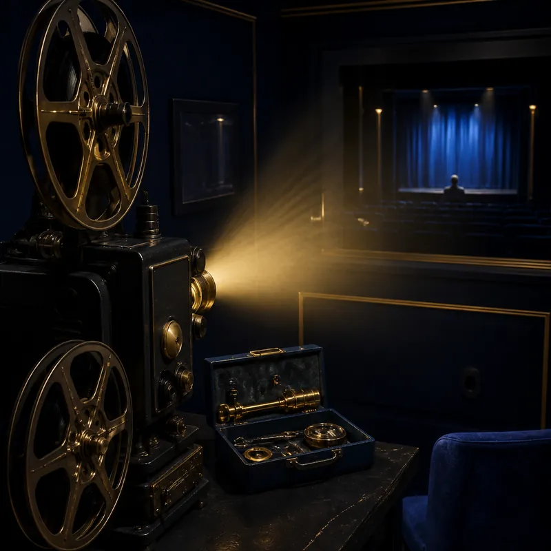 Projecteur de cinéma ancien dans une cabine bleu nuit, faisceau de lumière dorée et petite boîte à outils