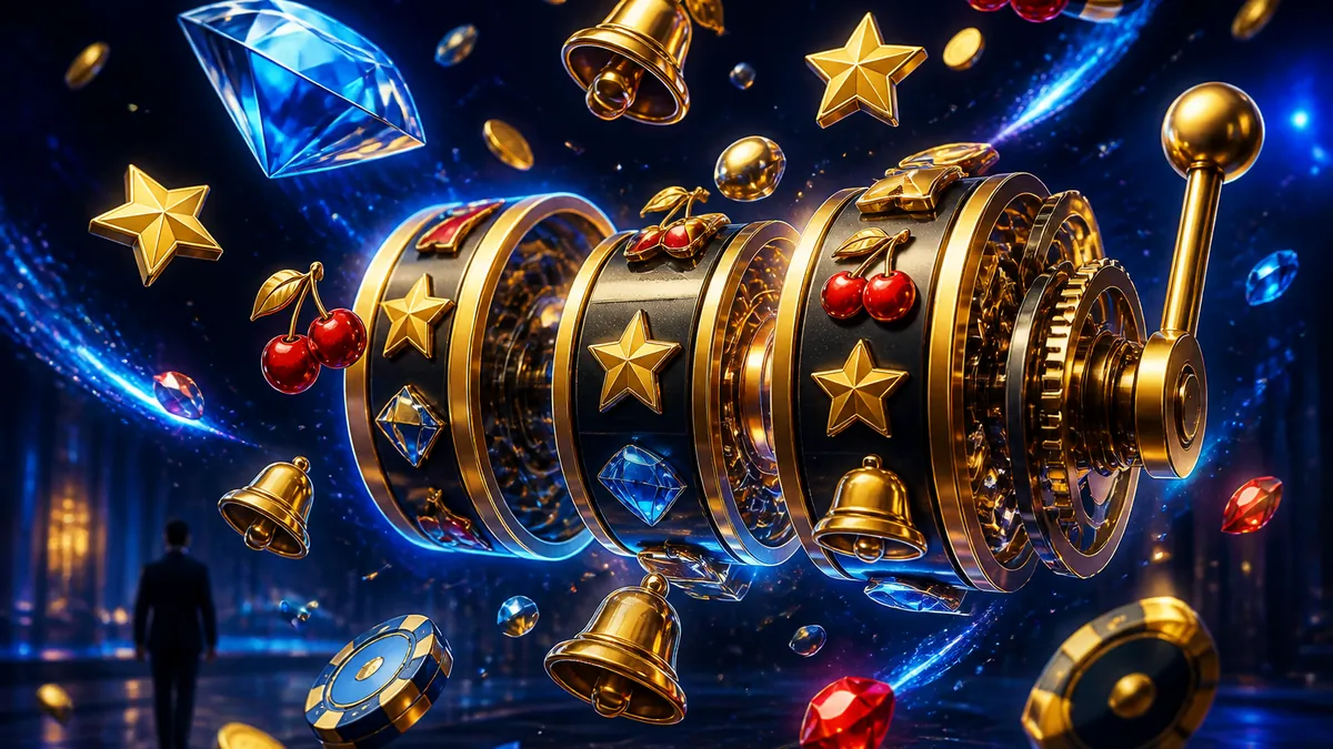 Rouleaux de machine à sous dorés en éclaté, avec cerises, cloches, étoiles et pierres précieuses sur fond bleu nuit